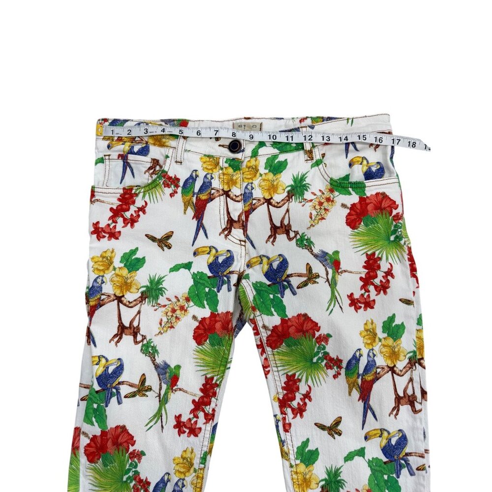 Etro Milano Tropical Parrot Skinny Jeans Floral Bird Jungle White Womens Size 31 - Picture 5 of 9